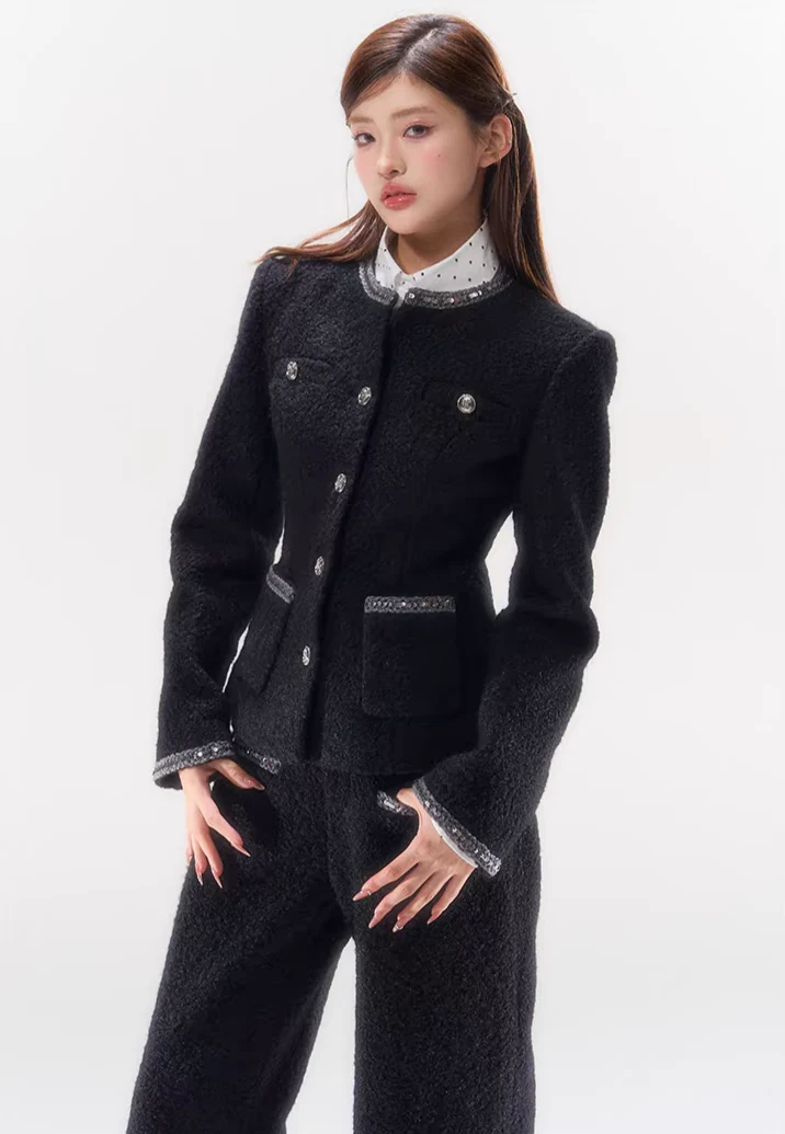 Double-Breasted Slim-Fit Tweed Jacket with Pocket Detail - Image 3