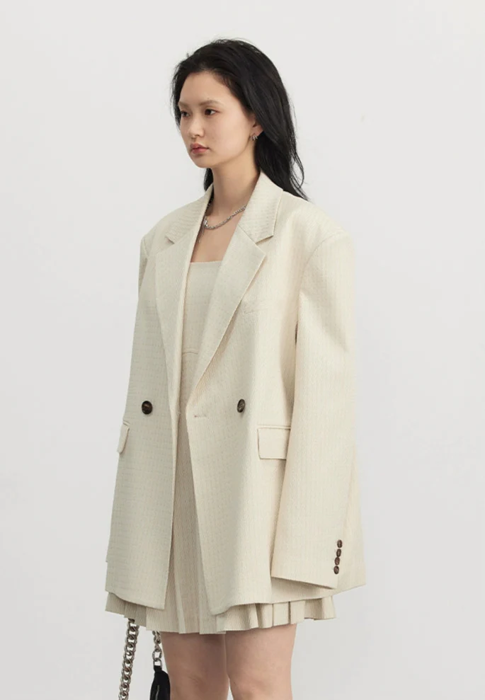 Pinstripe Texture Oversized Blazer and Pleated Dress Set - Image 3