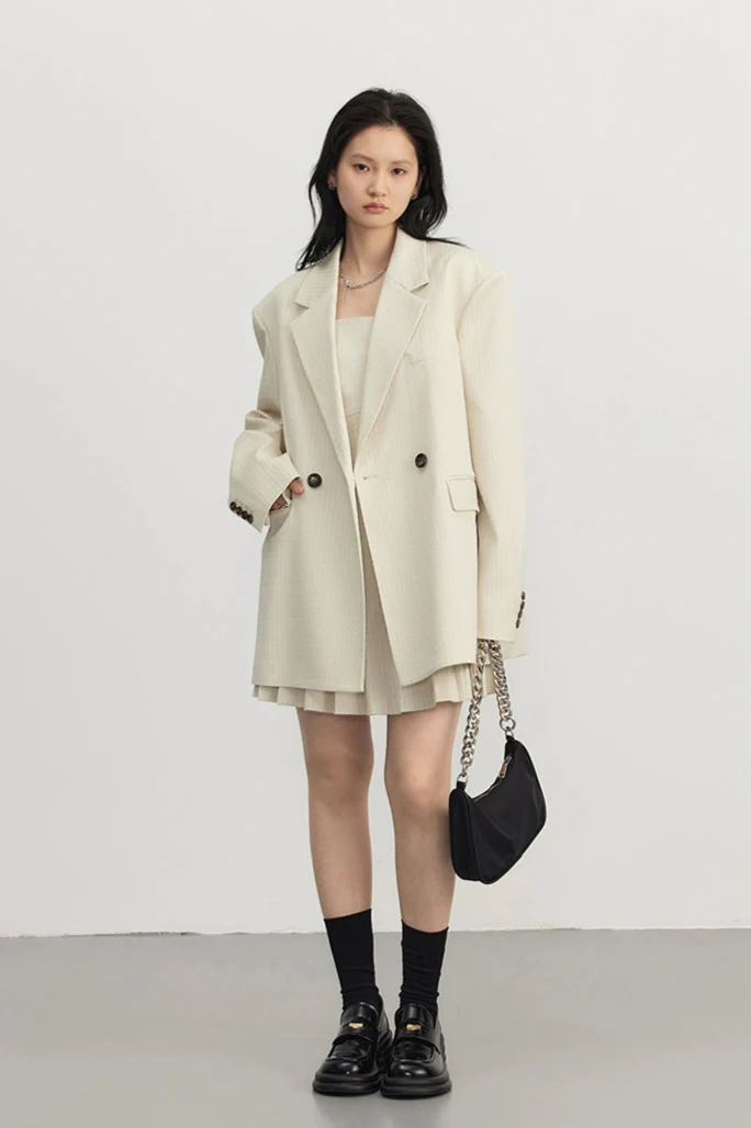 Pinstripe Texture Oversized Blazer and Pleated Dress Set - Image 8