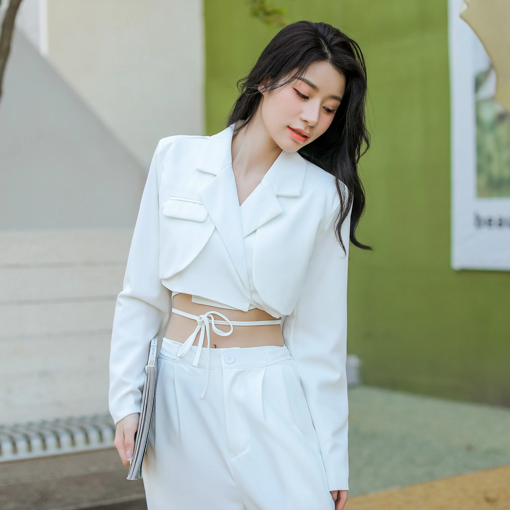 Slim Cropped Blazer with Rounded Hem Two-Piece Suit Set - Image 30