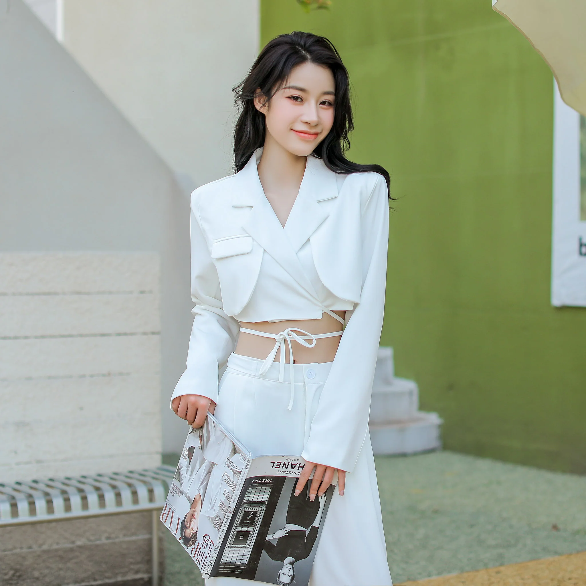 Slim Cropped Blazer with Rounded Hem Two-Piece Suit Set - Image 31