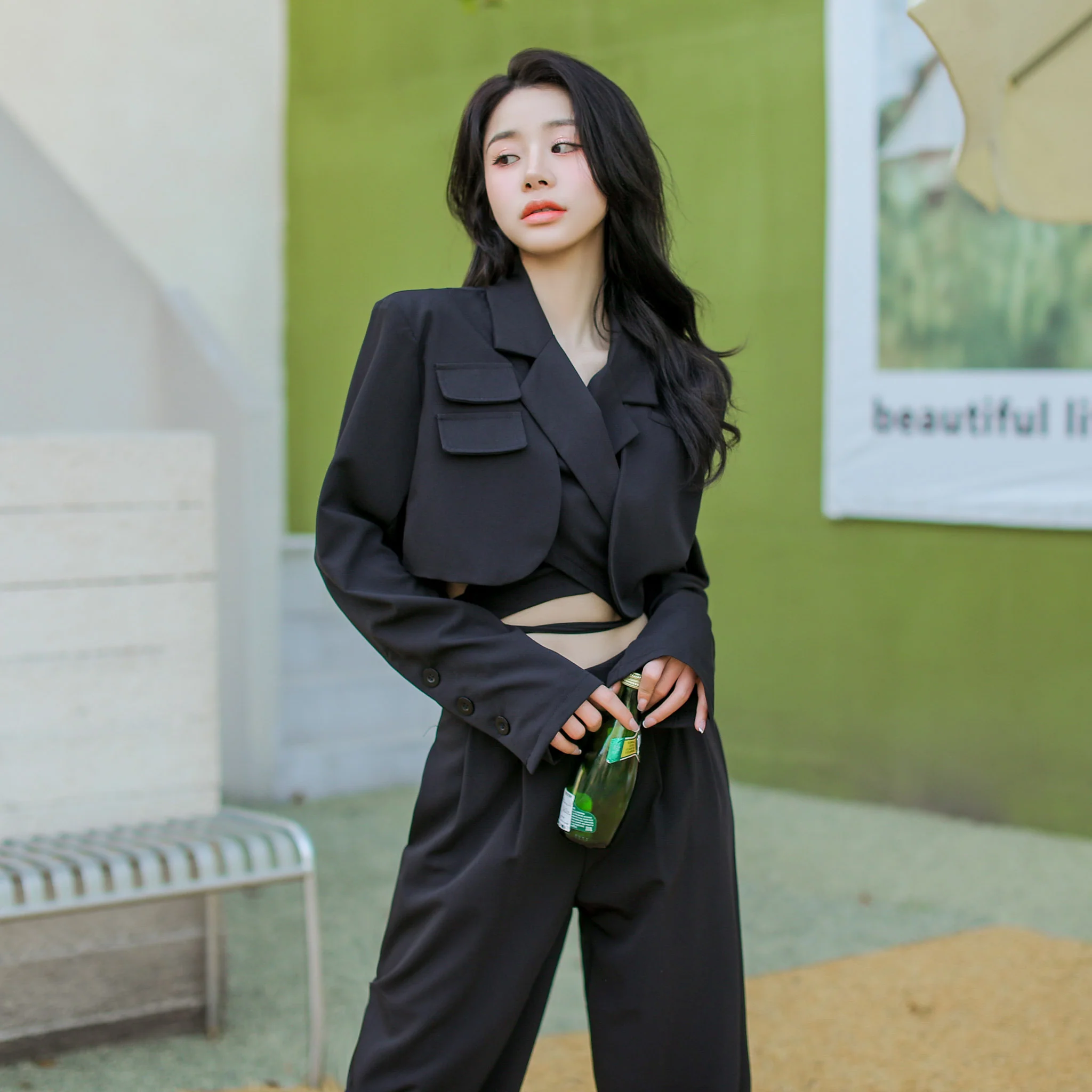 Slim Cropped Blazer with Rounded Hem Two-Piece Suit Set - Image 6