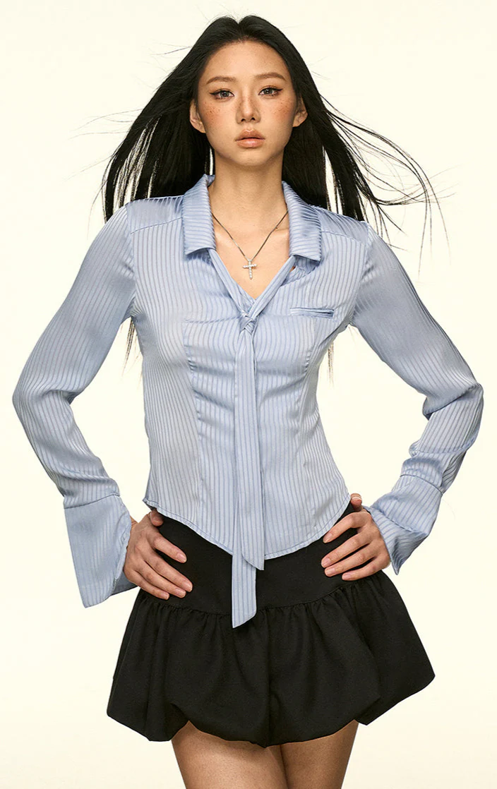 Striped Button-Up Long Sleeve Shirt with Tie Detail - Image 3