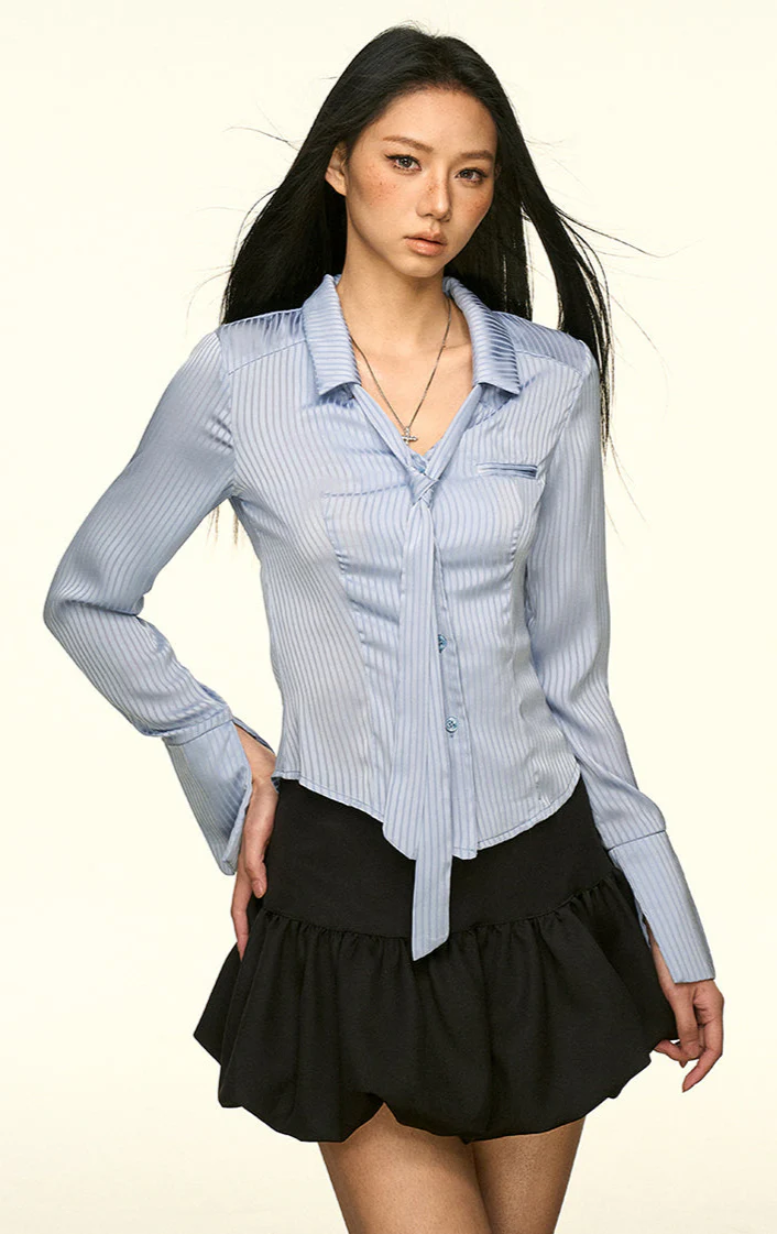 Striped Button-Up Long Sleeve Shirt with Tie Detail - Image 4