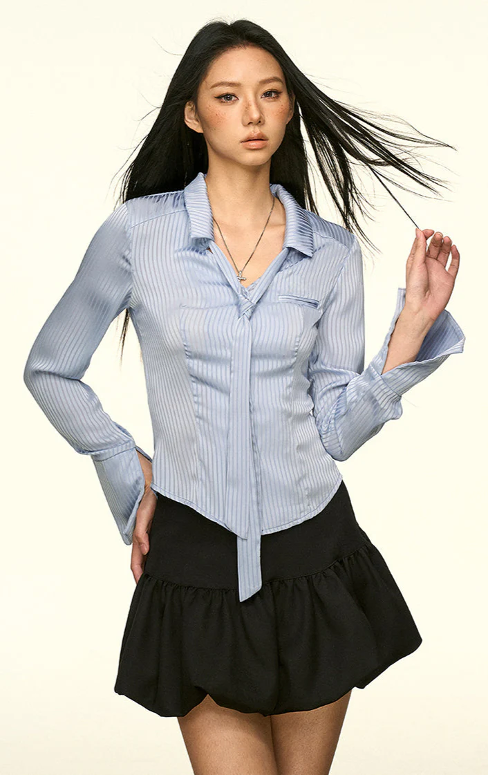 Striped Button-Up Long Sleeve Shirt with Tie Detail - Image 5