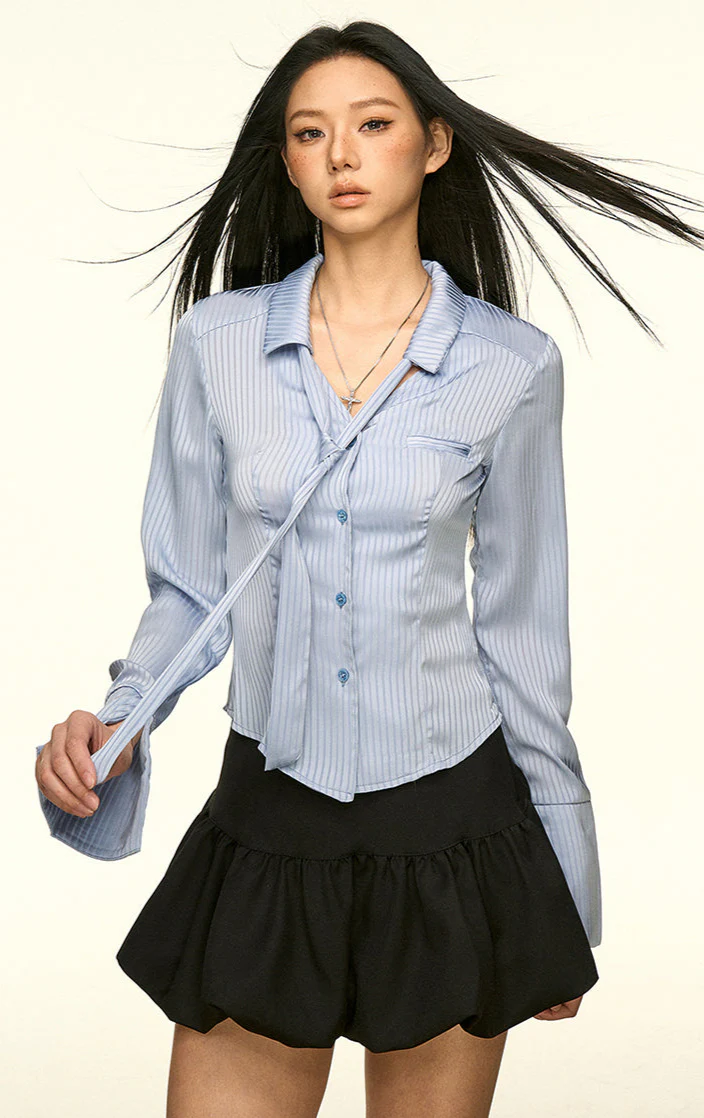 Striped Button-Up Long Sleeve Shirt with Tie Detail - Image 6